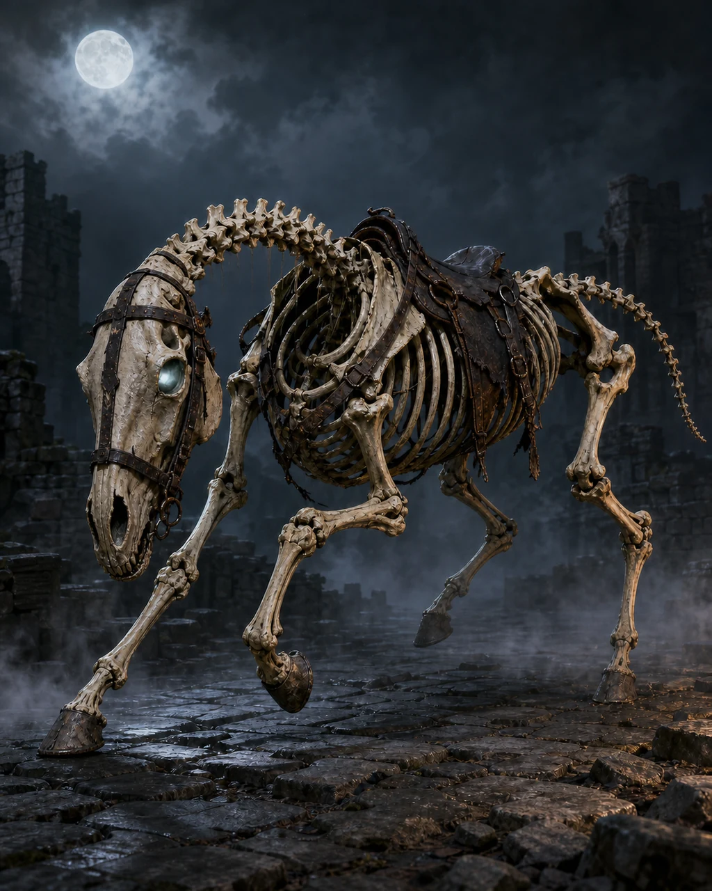 An animated warhorse skeleton gallops across a ruined causeway with cold light in its empty sockets.