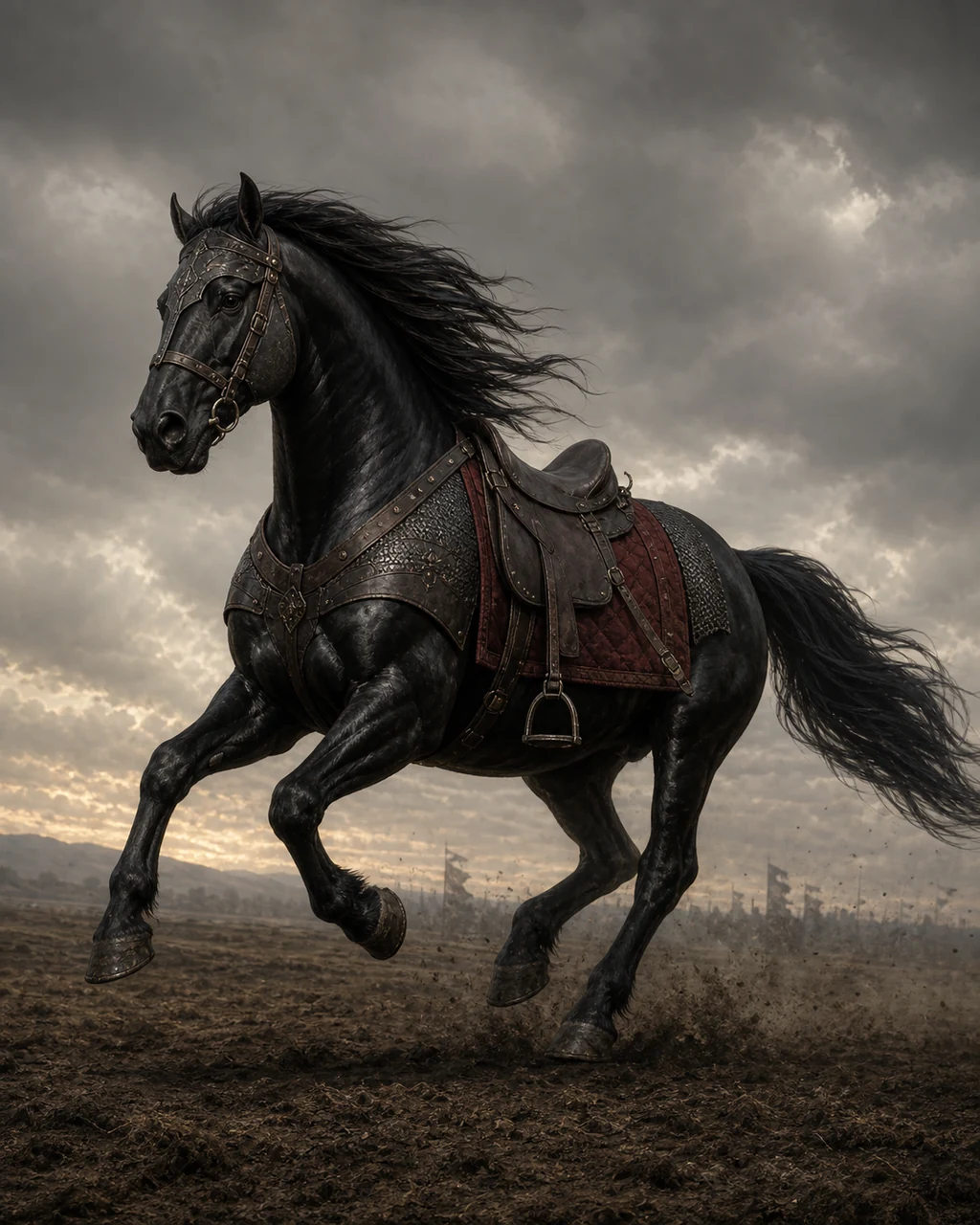 A powerful black warhorse charges riderless across a field in a reinforced military saddle.