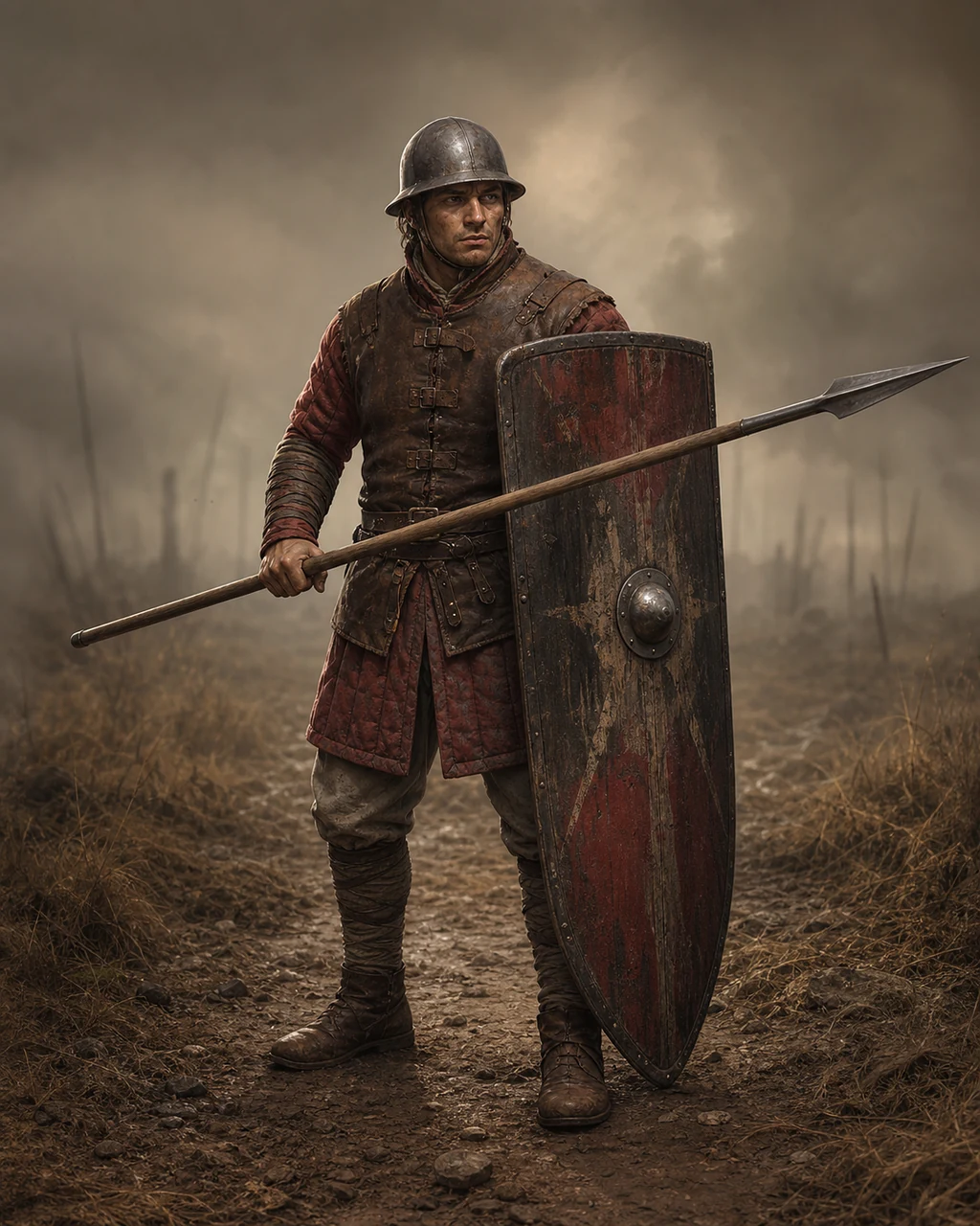 A compact infantry warrior braces behind a tall wooden shield with a plain spear leveled.