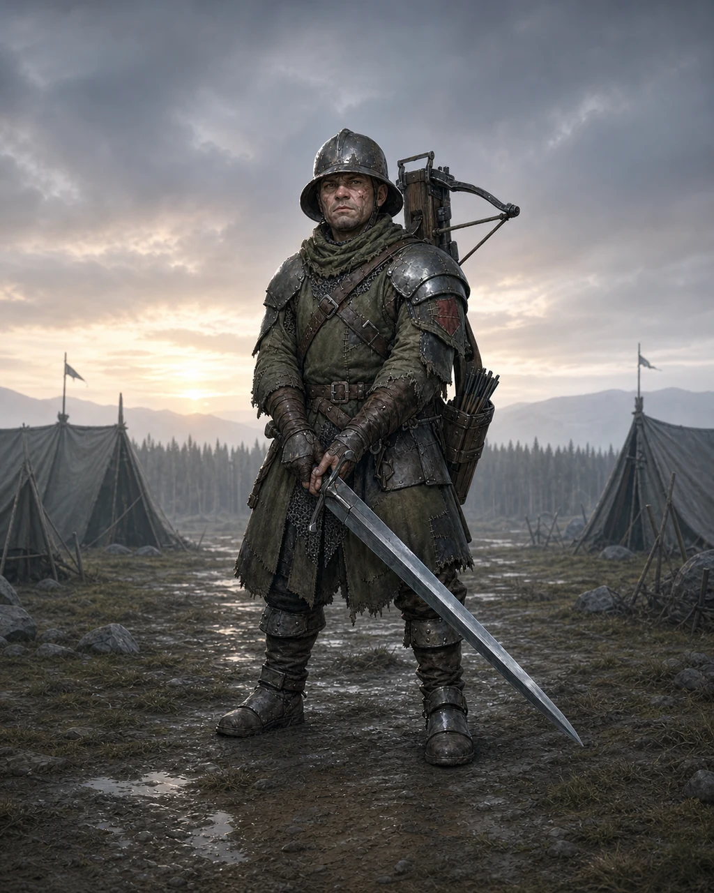 A compact scarred warrior veteran stands in repaired armor with greatsword guarded and heavy crossbow on the back.