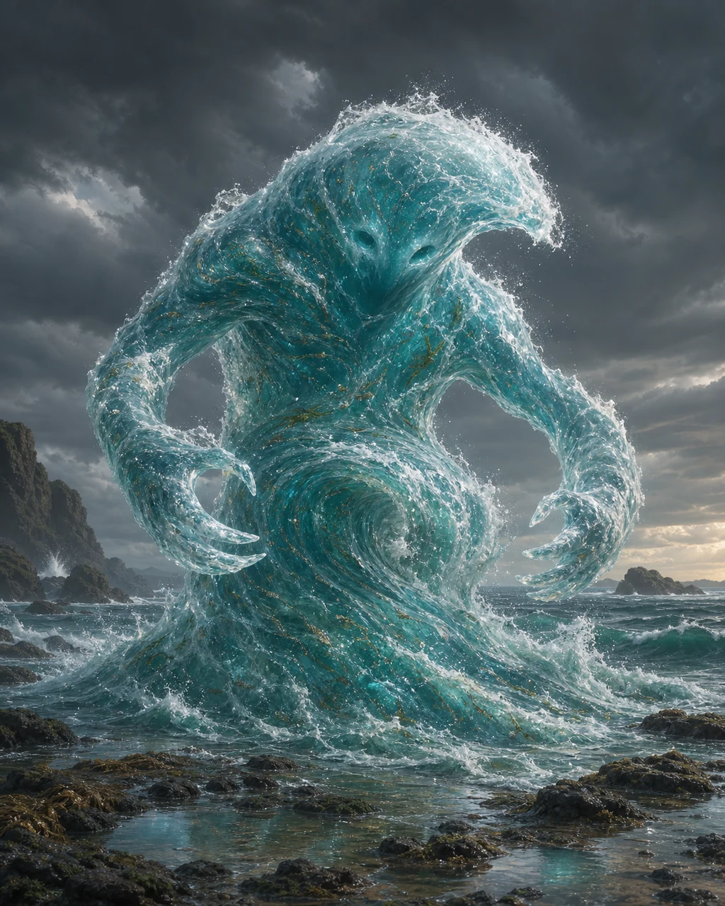 A towering water elemental curls like a breaking wave above a stormy rocky shore.
