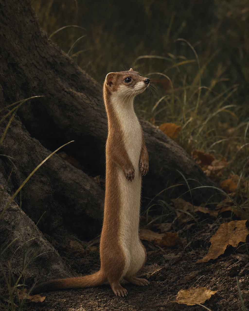 A slender chestnut weasel rises beside a tree root with forepaws tucked and nose lifted.