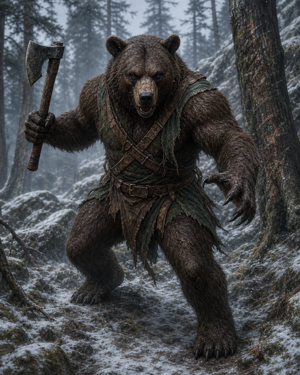 A compact werebear rises into a clawing attack on a cold forest slope with a handaxe in one fist.