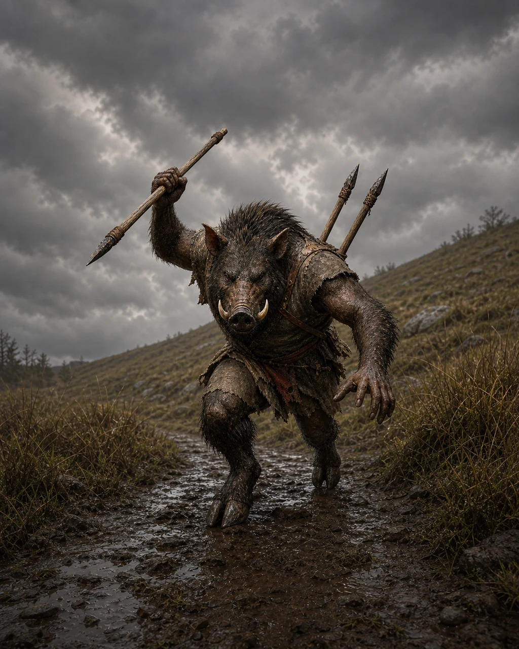 A bristled wereboar in hybrid form charges along a muddy woodland track with a javelin raised.