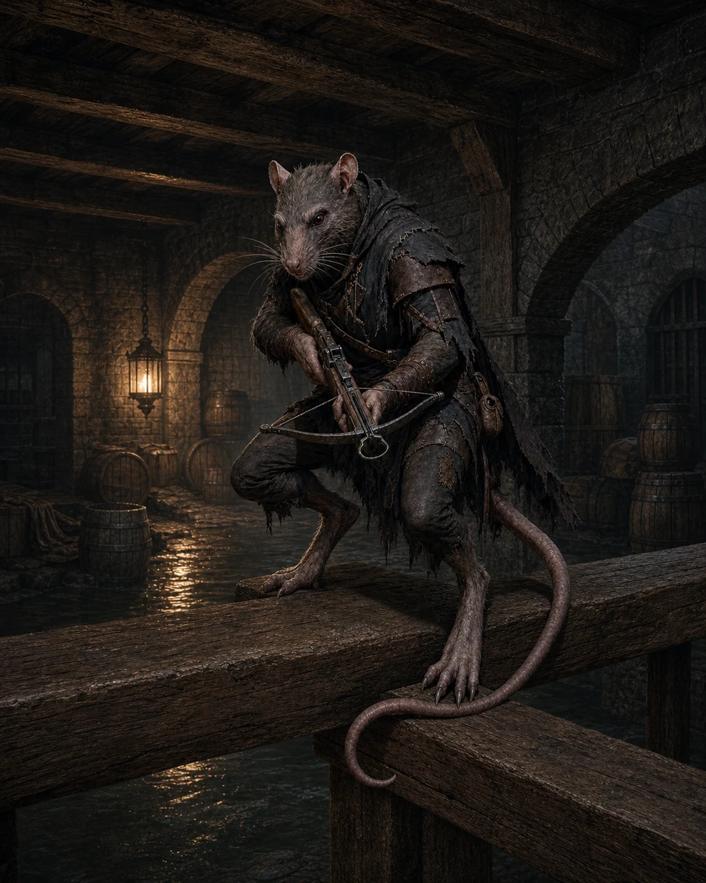 A small gray-brown wererat crouches on a cellar beam with hand crossbow aimed and naked tail wrapped for balance.
