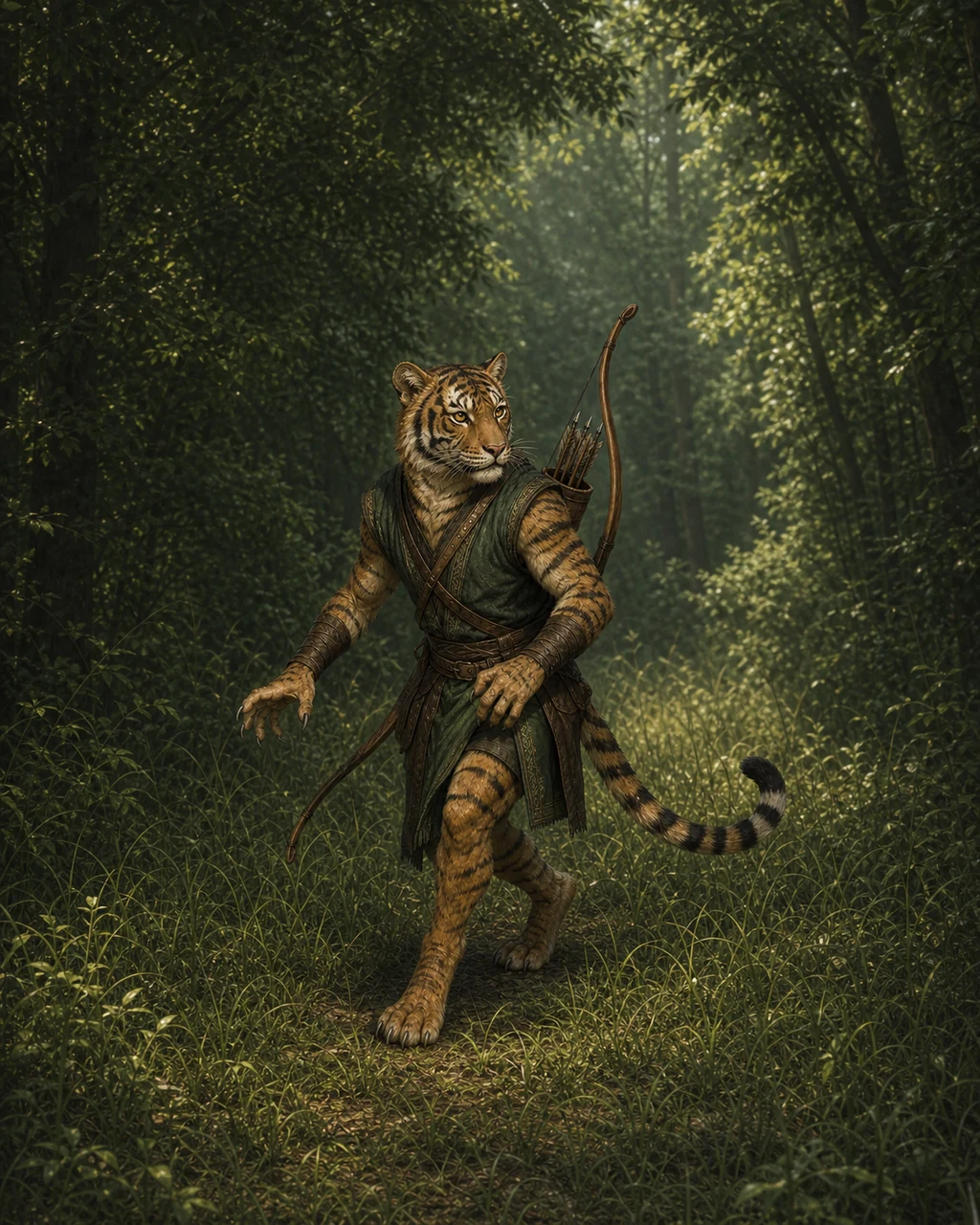A striped weretiger in agile hybrid form stalks through tall grass with a longbow on its back.