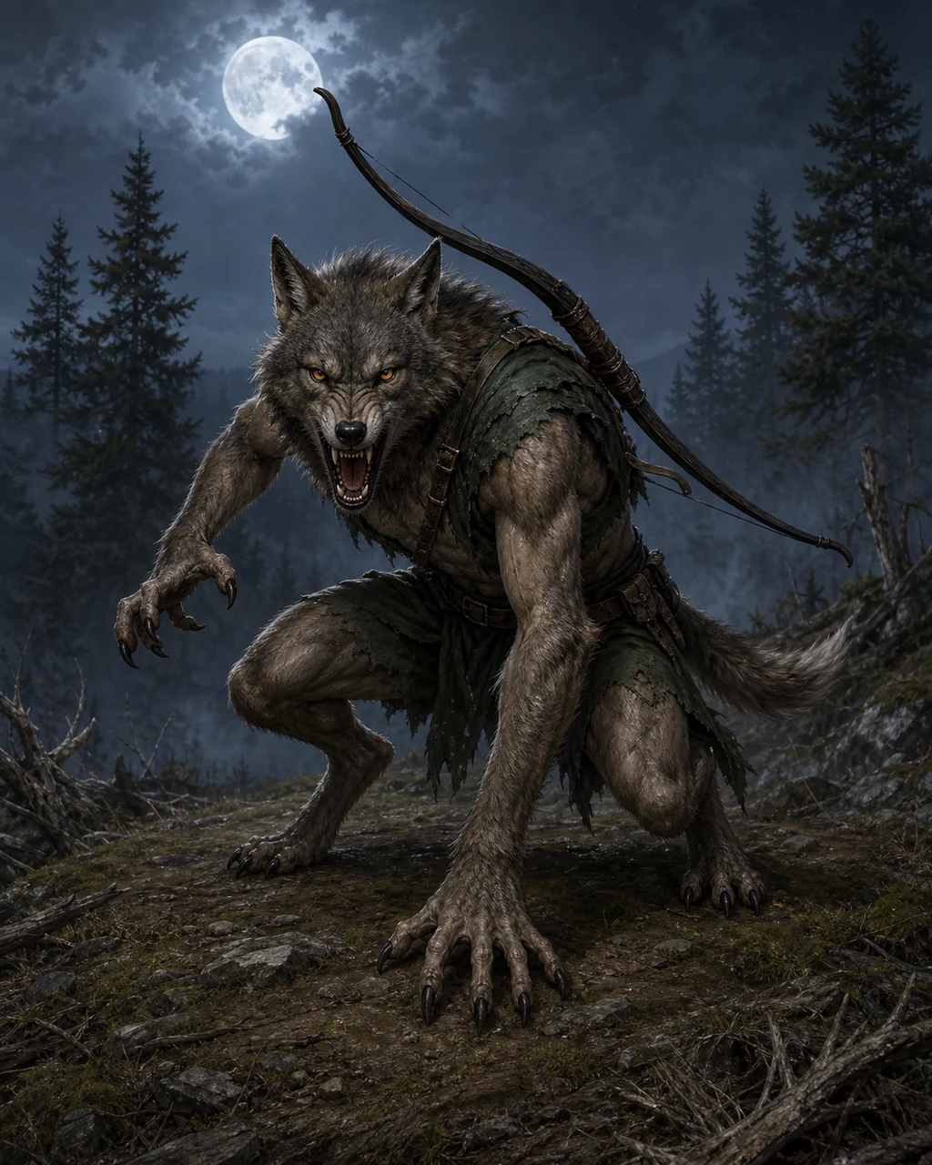 A compact gray werewolf crouches on a moonlit hill with claws forward and a longbow across its back.