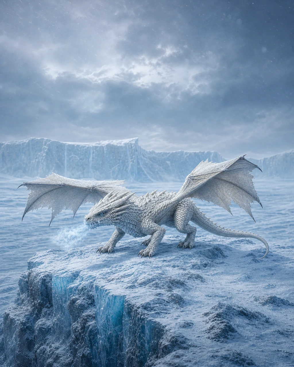 A white dragon wyrmling scrambles across an ice ridge as frost vapor gathers before its horned jaws.