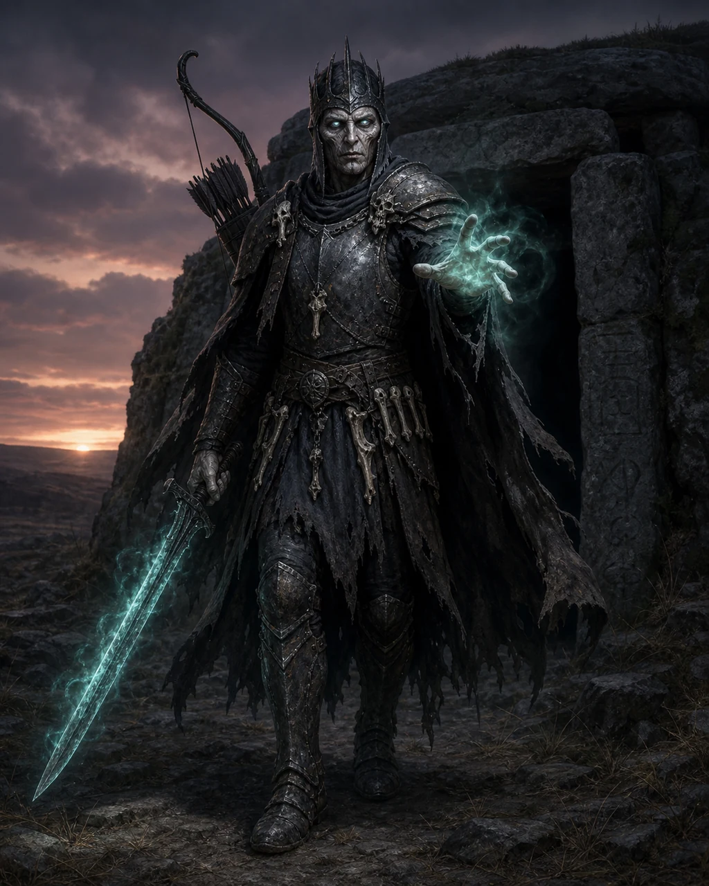 A pale-eyed wight emerges from a barrow in dark armor with necrotic sword drawn and bow on its shoulder.