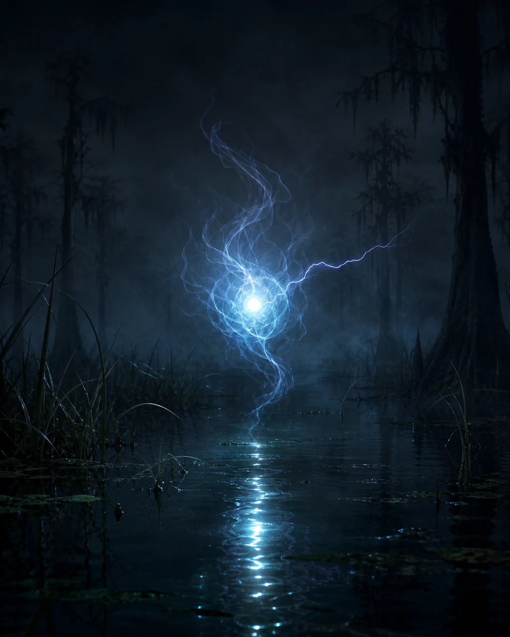 A tiny blue-white will-o-wisp hovers above black marsh water, trailing mist and a sharp electrical filament.