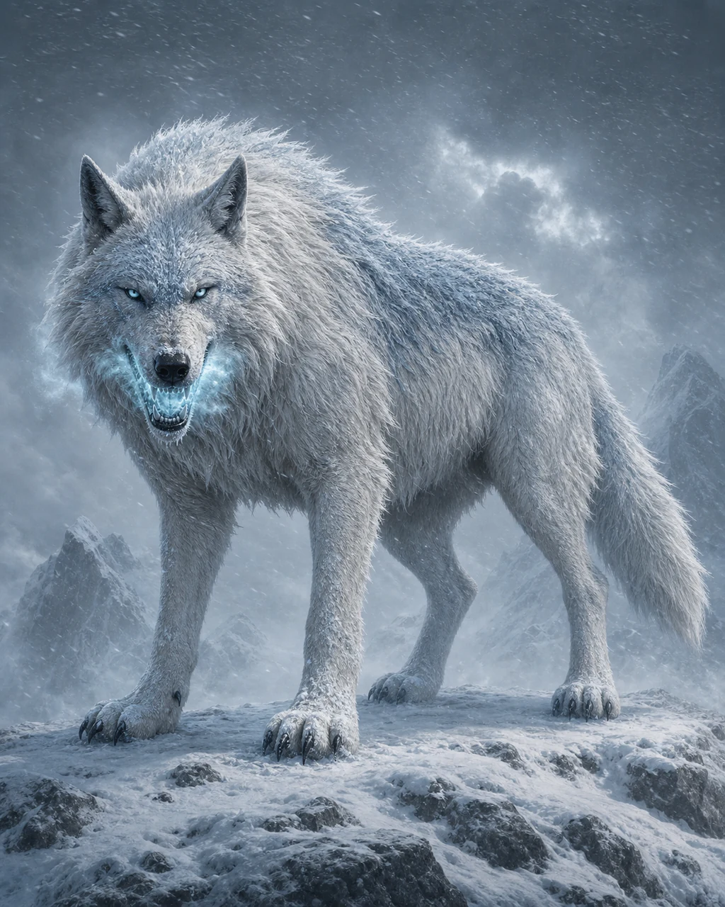 A huge white winter wolf braces on an arctic ridge as cyan frost gathers inside its jaws.