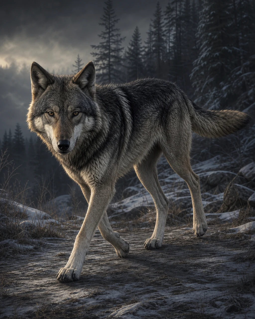 A lean gray wolf trots along a snowy forest edge with amber eyes fixed ahead.
