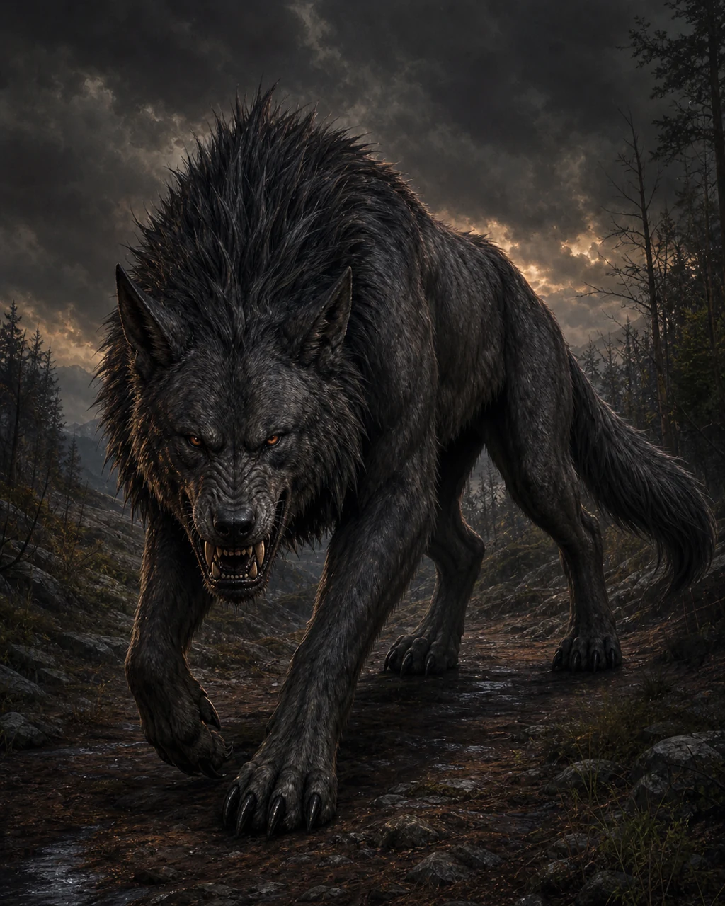 A horse-sized black-gray worg prowls down a forest path with a massive head and coarse mane low.