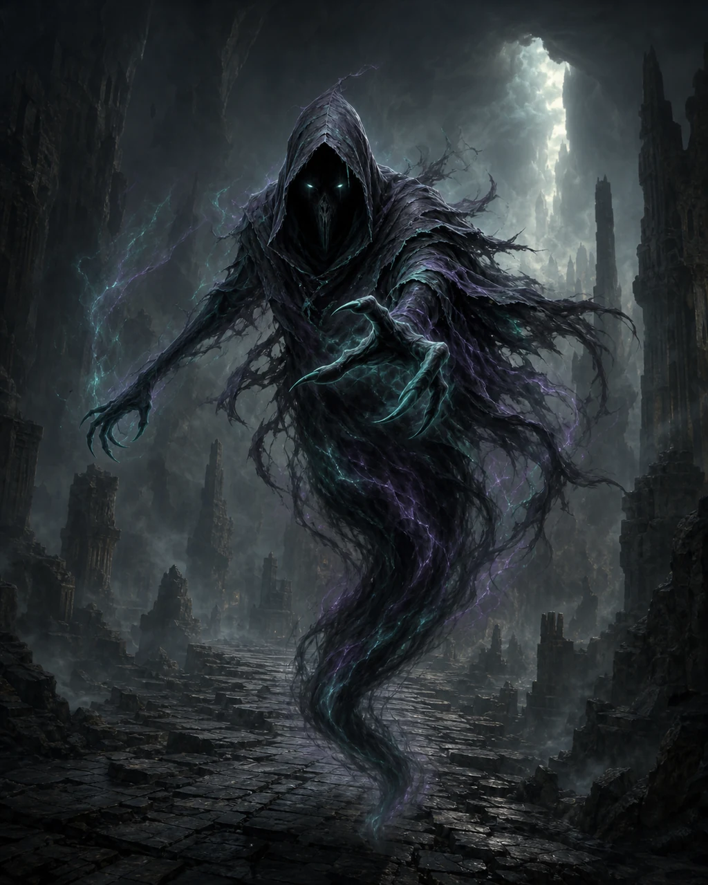 A small hooded wraith glides through a black stone passage with one spectral hand reaching forward.