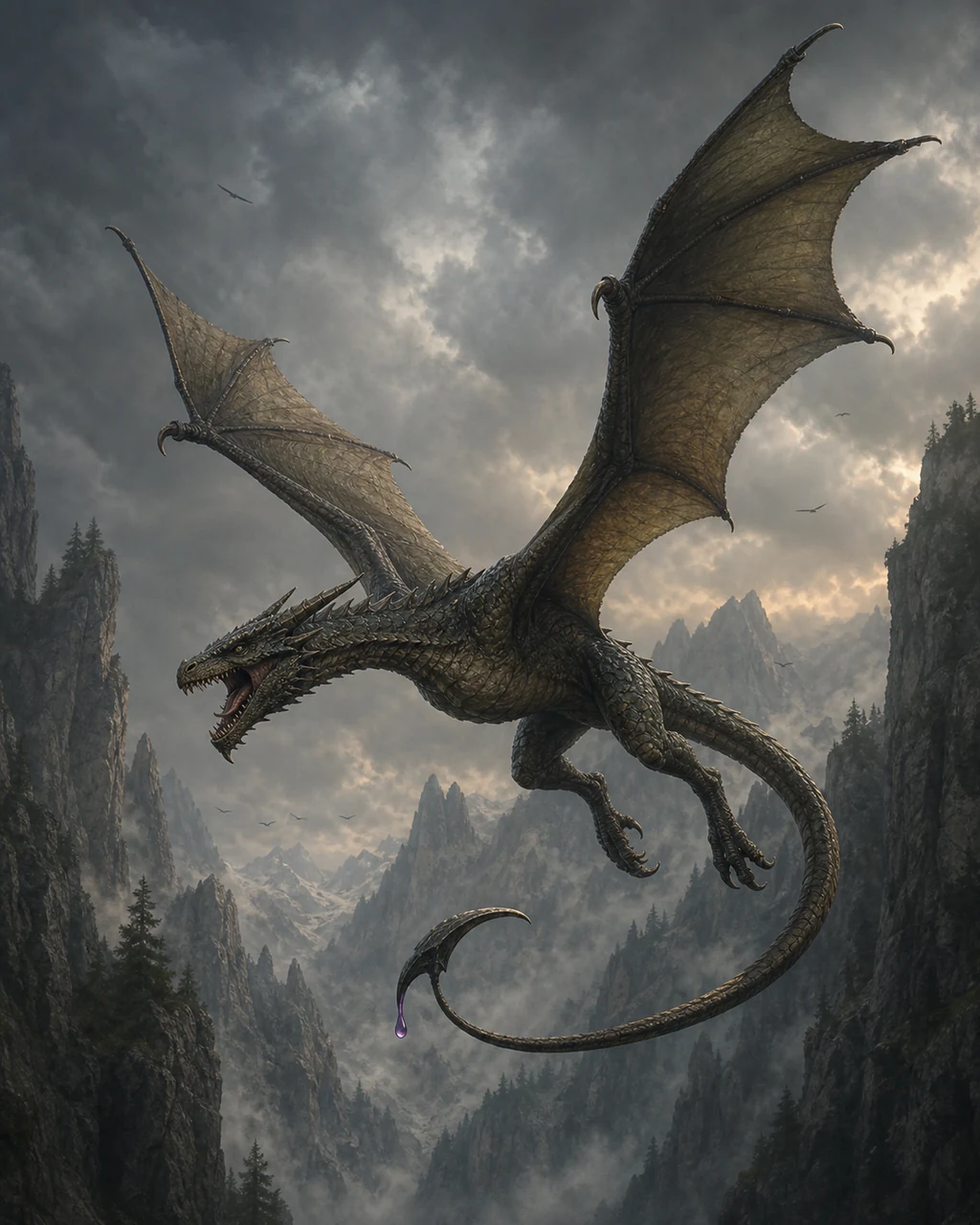 A two-legged wyvern dives through a mountain ravine with wings spread and venomous tail stinger curled forward.