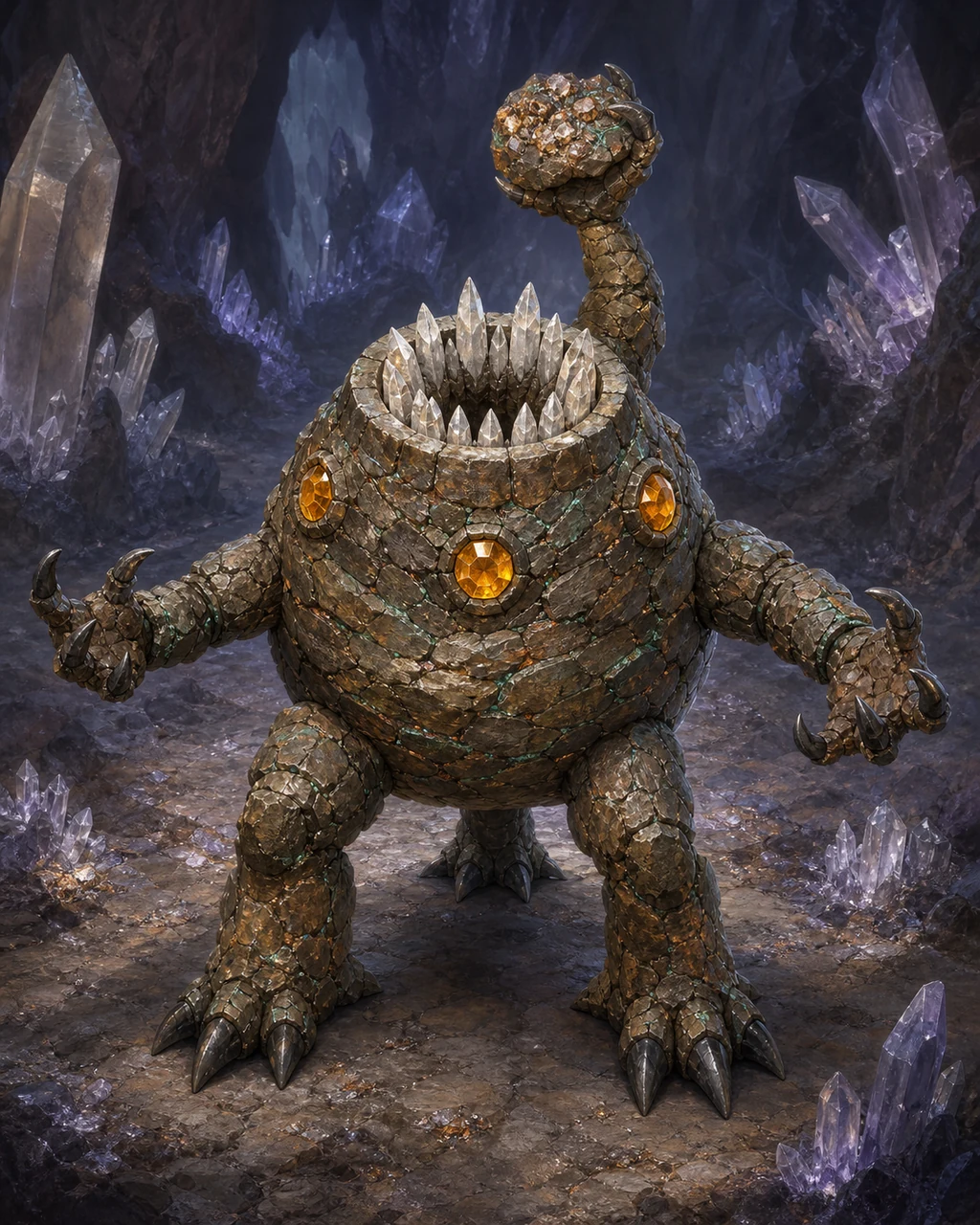 A three-armed, three-legged xorn rises through a crystal cavern floor toward a vein of ore.