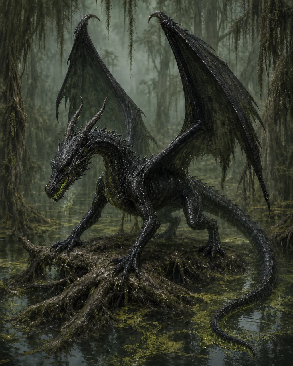 A young black dragon climbs from a swamp pool as smoking acid gathers along its skull-like jaws.