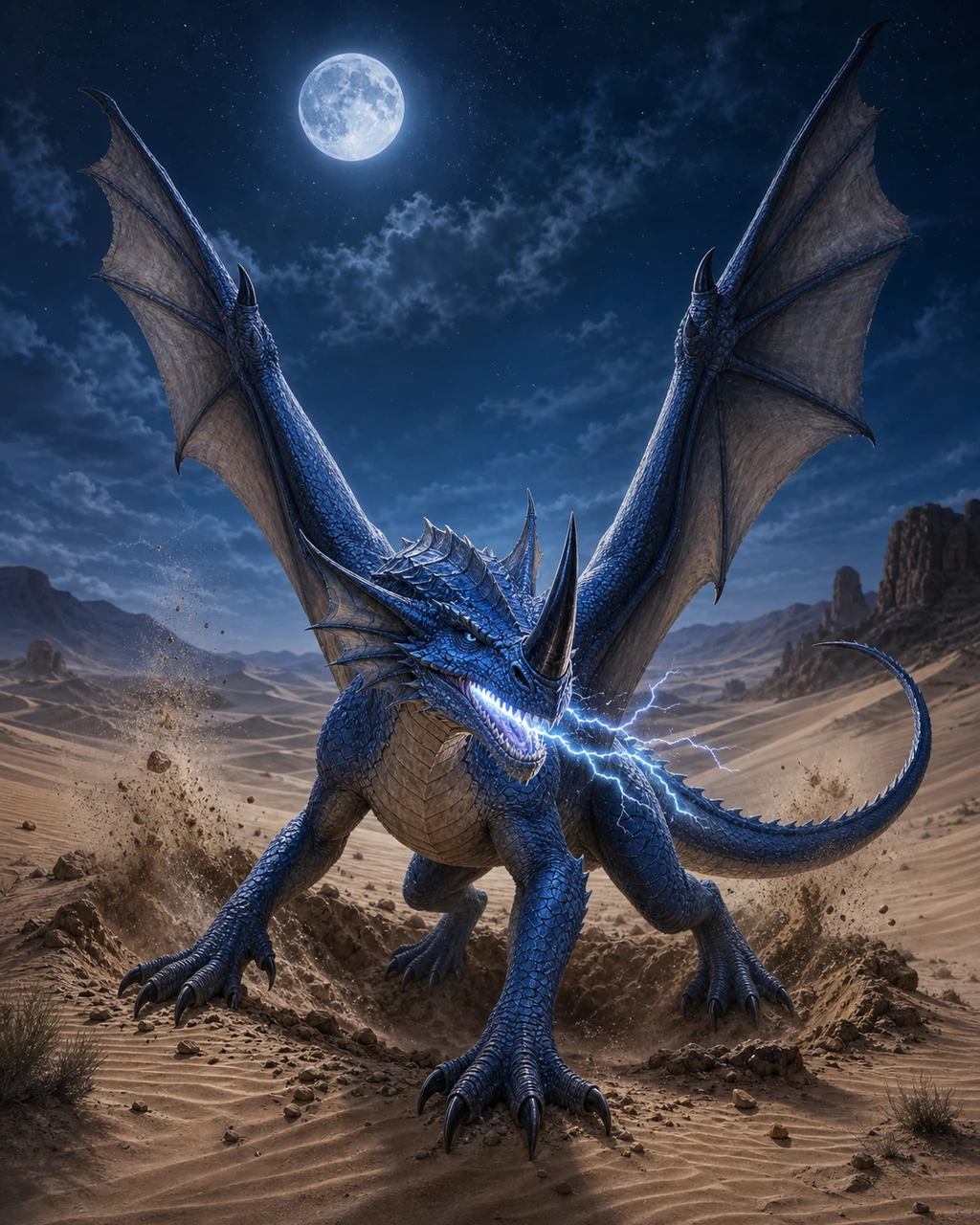 A young cobalt blue dragon rises from a dune as lightning branches around its great nasal horn.