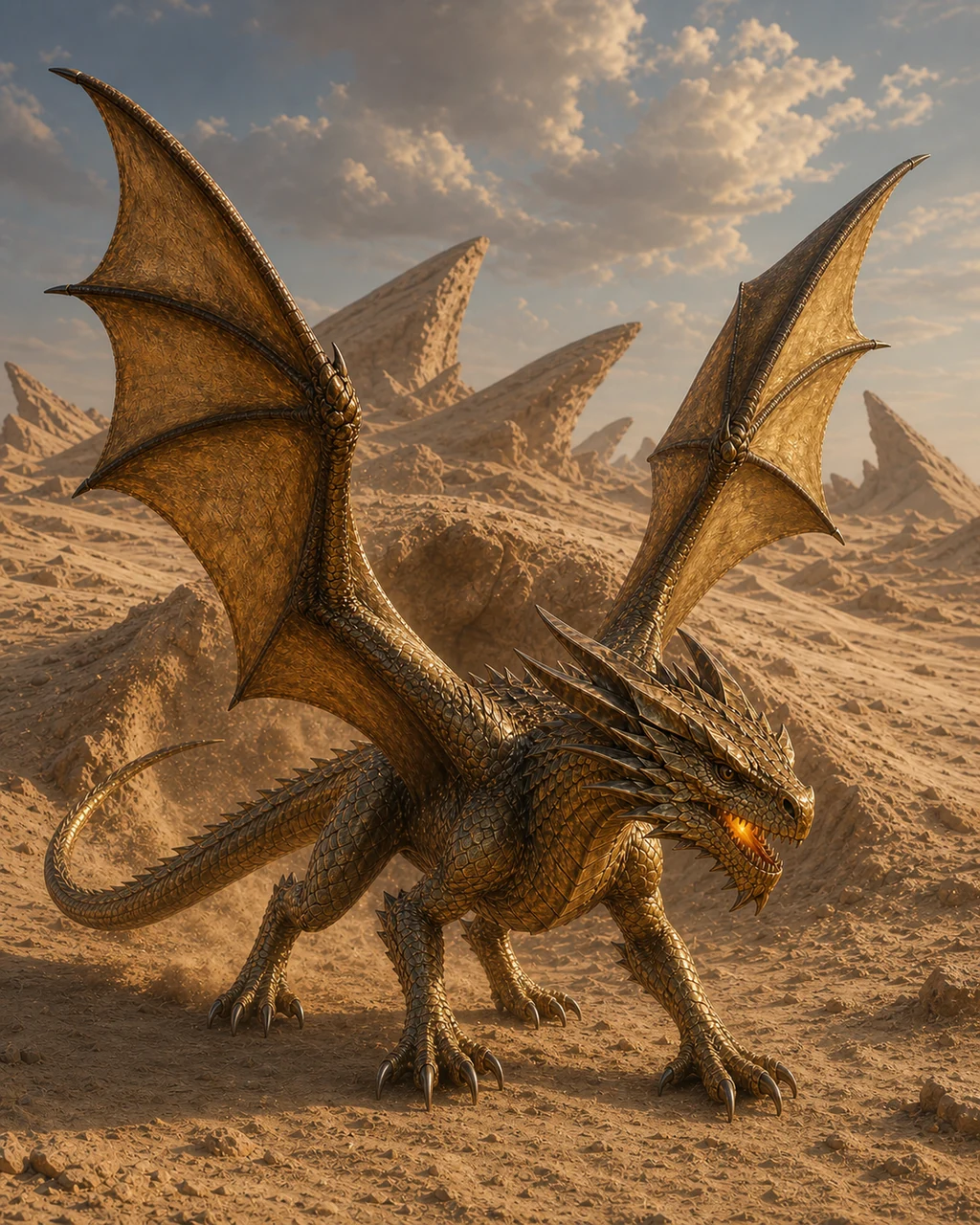 A young brass dragon bursts from a desert dune with broad wings opening and fire glowing in its throat.
