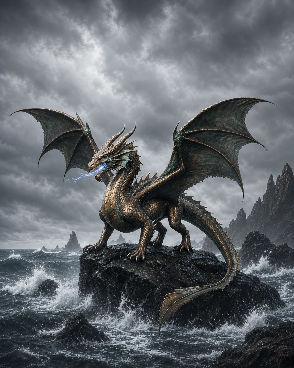 A young bronze dragon climbs from stormy surf as blue-white lightning gathers between its jaws.