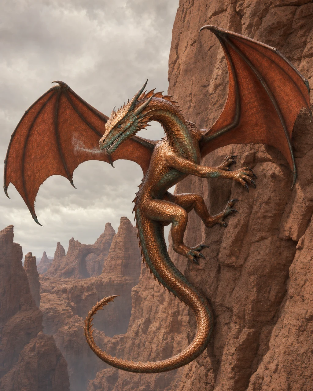 A young copper dragon clings to a sandstone bluff, verdigris touching its bright scales.
