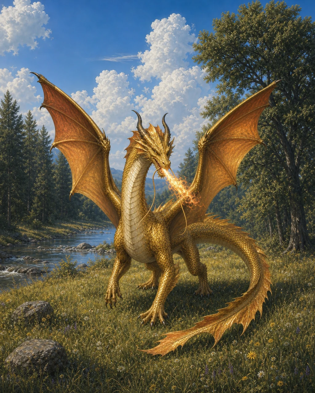 A young gold dragon lands in a meadow, its long body and barbels lit by fire gathering in its throat.