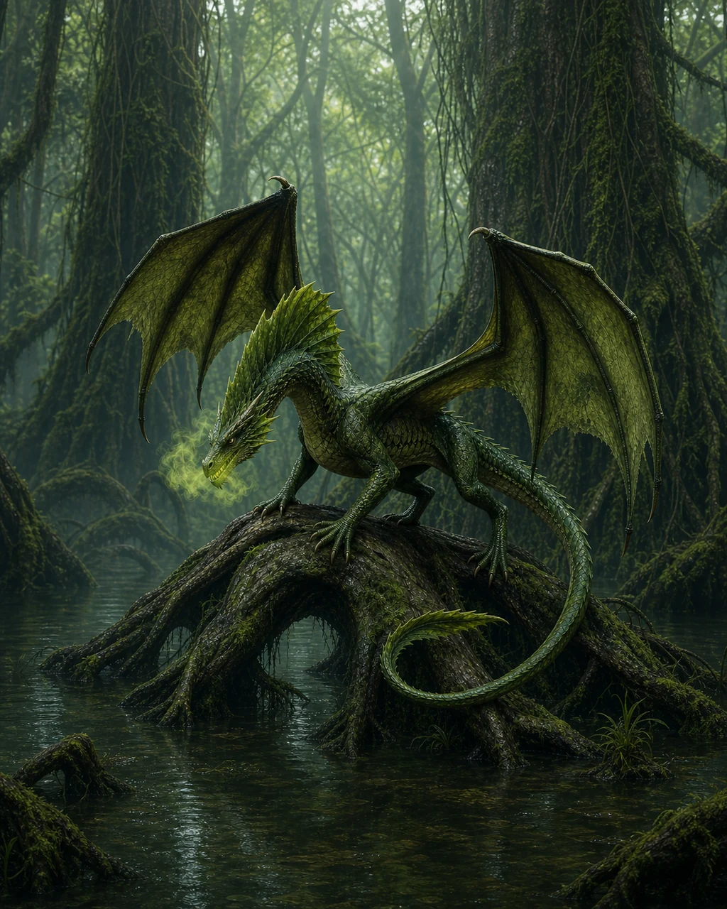 A young green dragon coils among ancient roots while yellow-green poison mist drifts from its jaws.