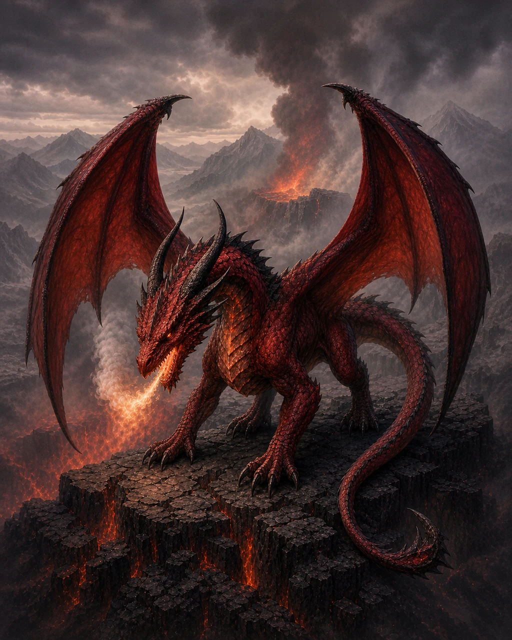 A young red dragon spreads its dark wings on a volcanic shelf as smoke pours from ember-lit jaws.