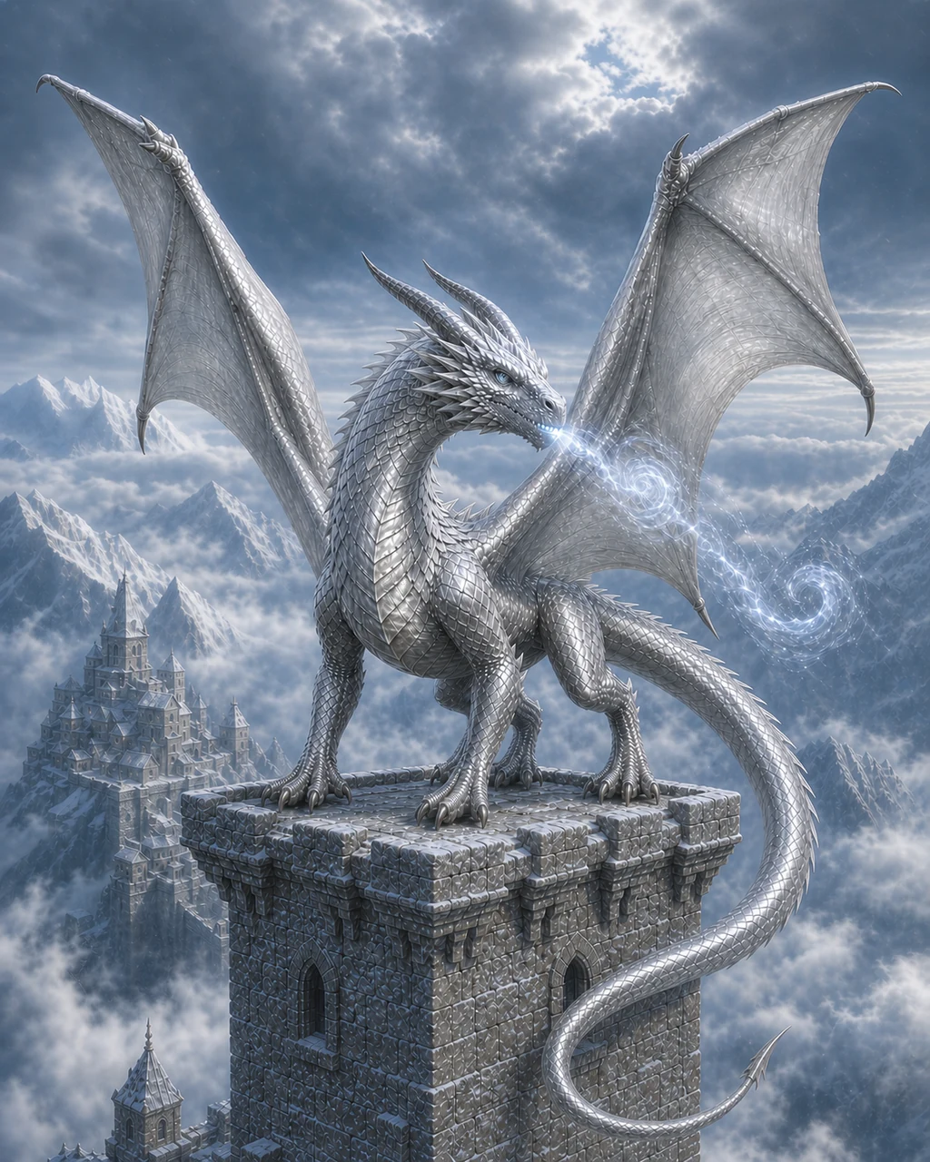 A young silver dragon perches above mountain clouds as cold mist gathers around its broad horned head.