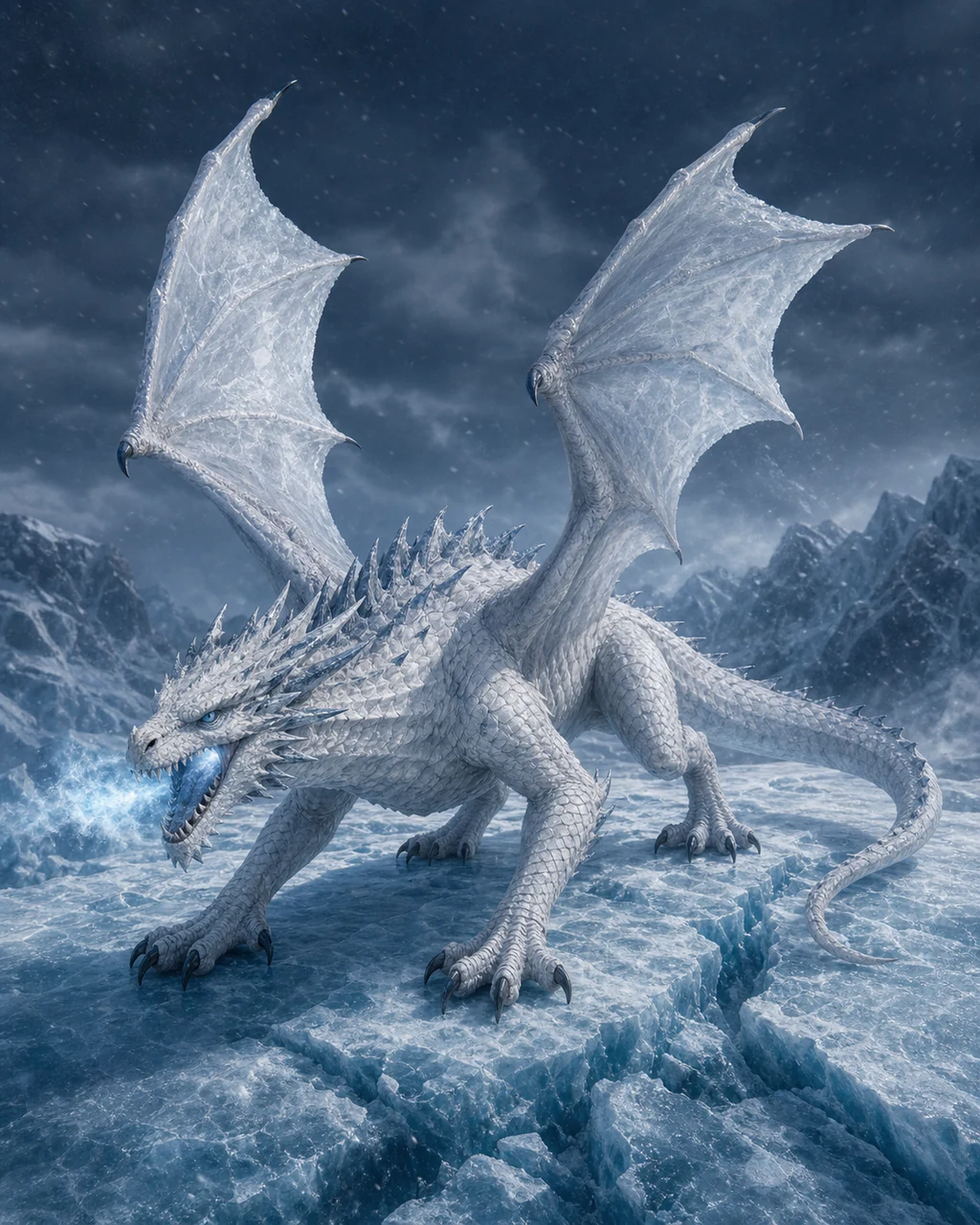 A young white dragon clings to a fractured glacier as frost gathers around its open jaws.
