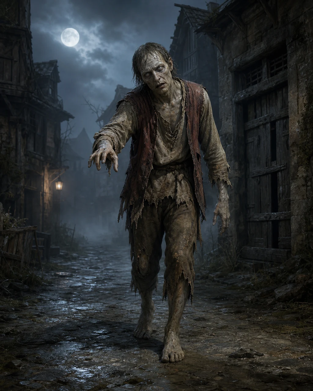 A pallid zombie in torn clothes lurches down an abandoned village lane with one rigid hand reaching.